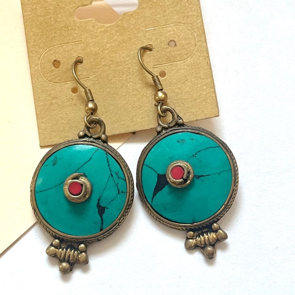 🏷️ circle boho turquoise & red dangling earrings - Picture 6 of 9